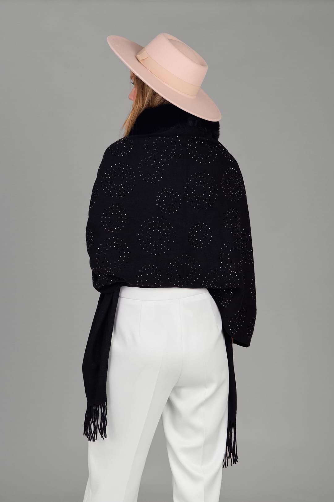 Faux Fur Crystal Scarf - Black