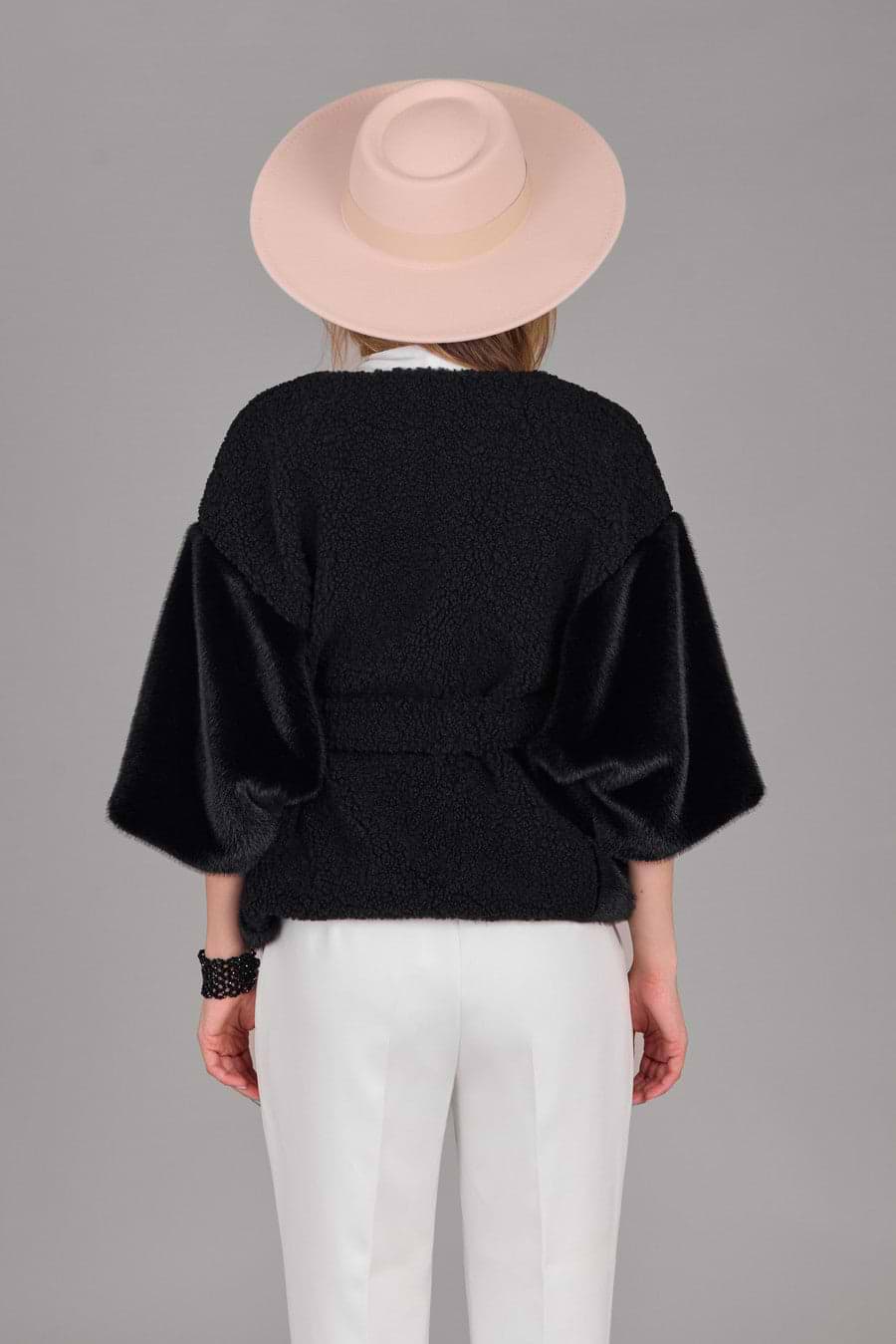 Fur Tie Front Short Kimono - Black