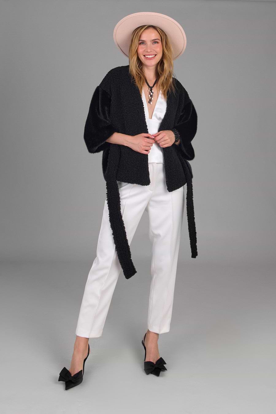 Fur Tie Front Short Kimono - Black