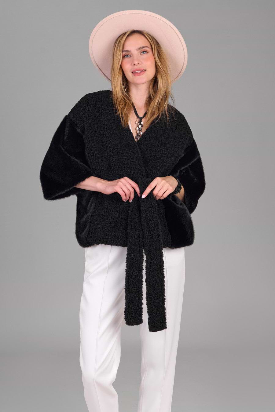 Fur Tie Front Short Kimono - Black