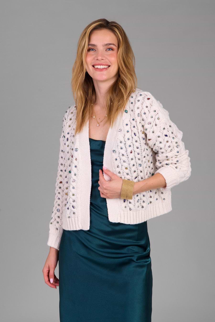 Cable Knit Cardigan Gemstone Pattern - Ivory