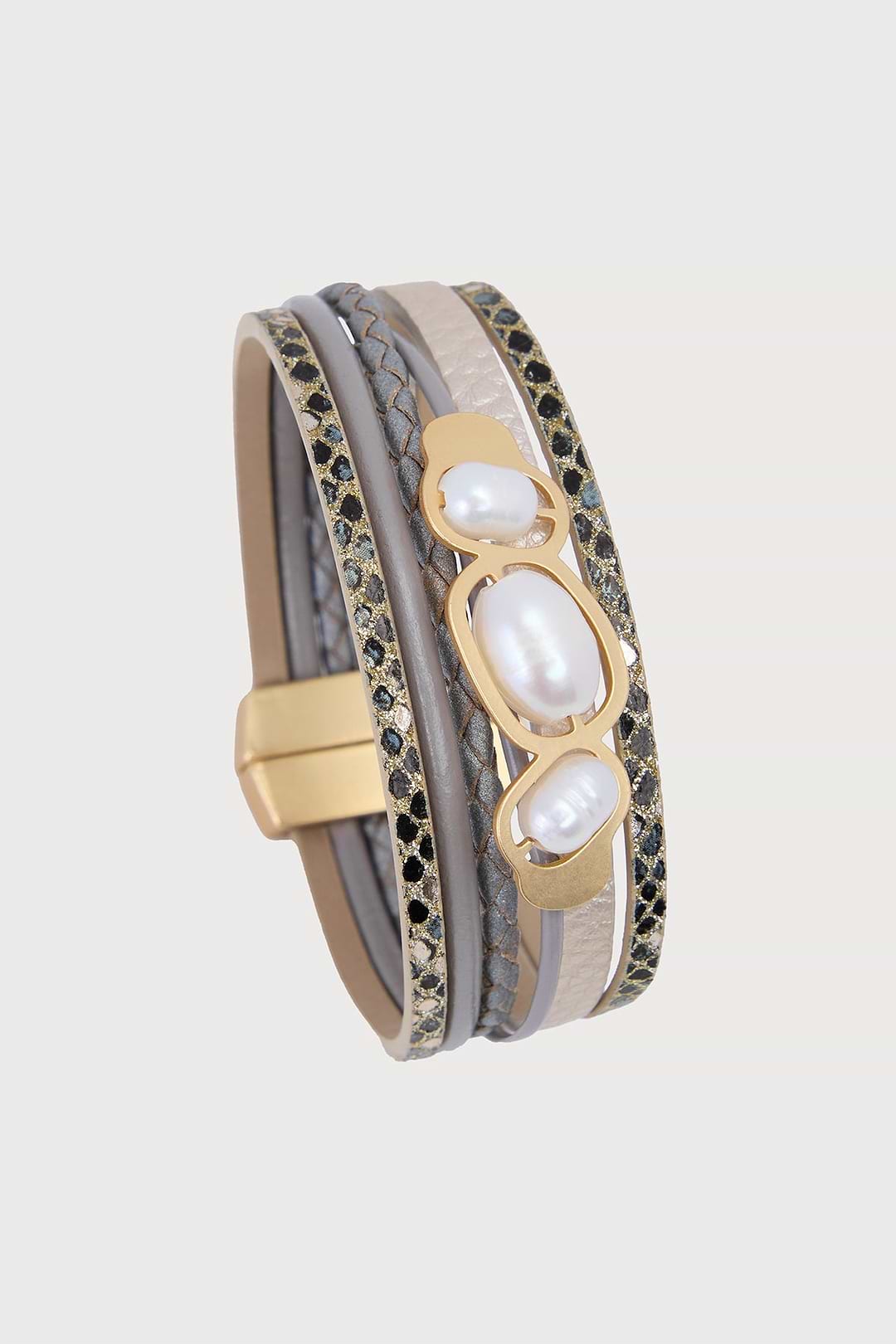 Multi Pearl Leather Bracelet - Brown