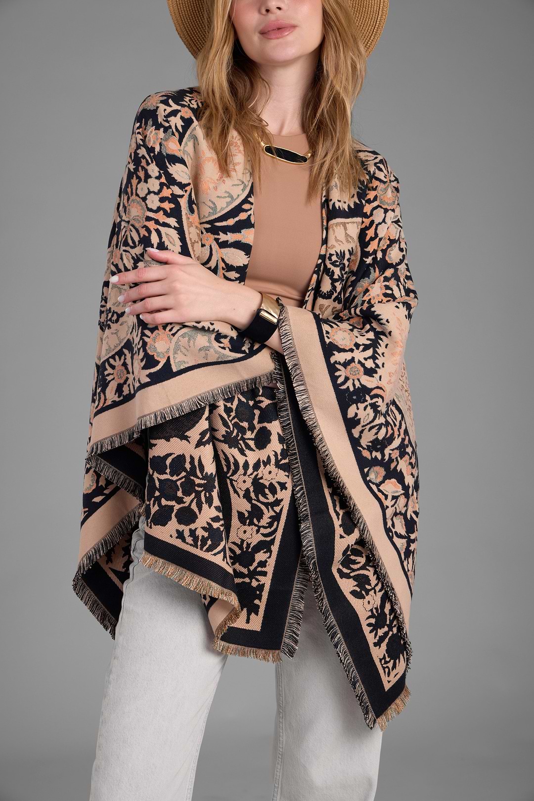 Paisley Reversible Ruana - Beige