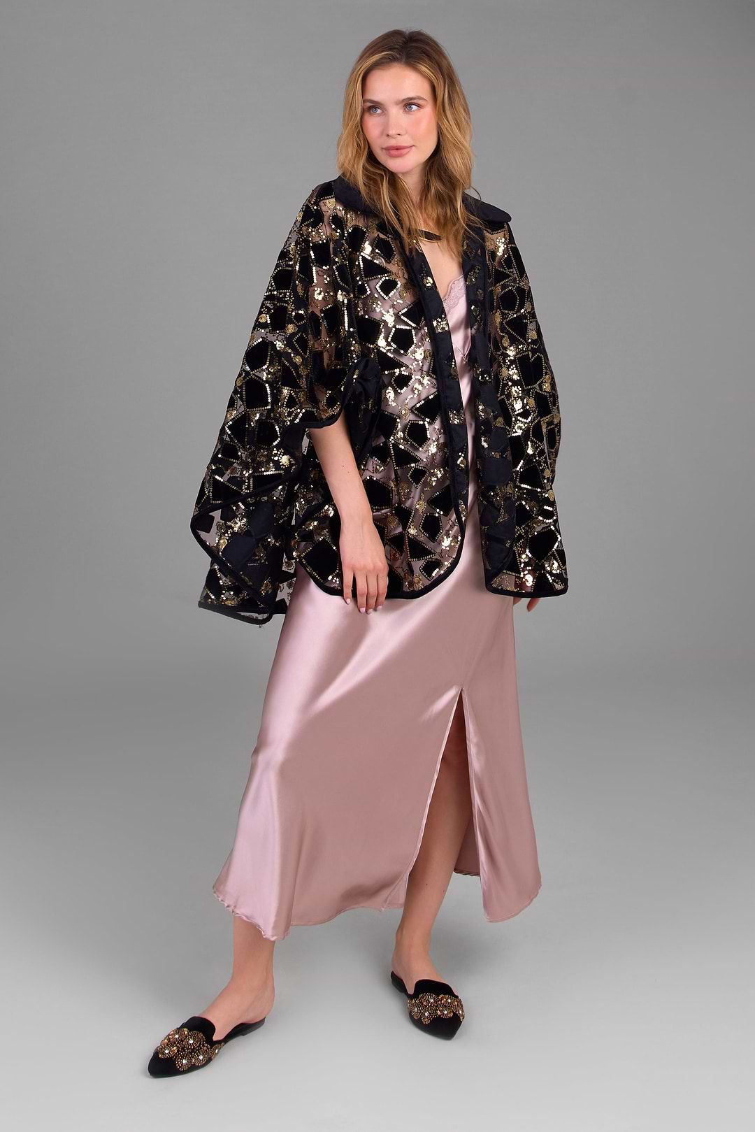 Velvet Sequin Collared Capelet - Black