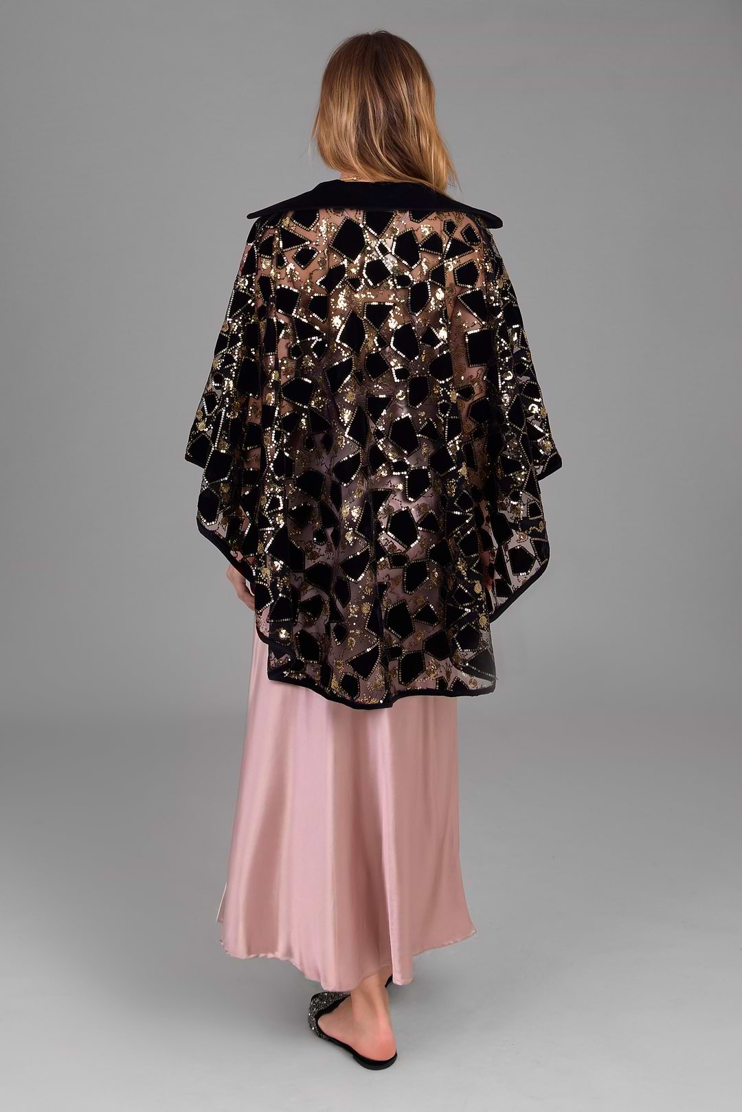 Velvet Sequin Collared Capelet - Black