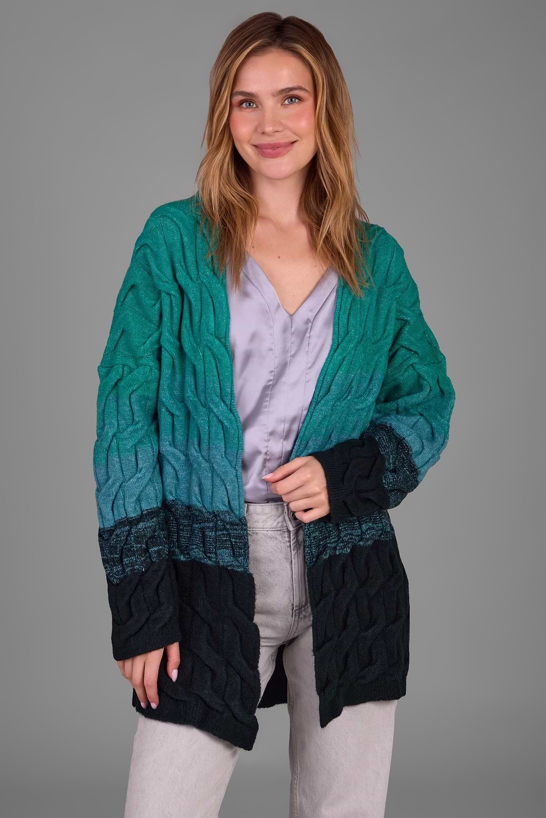 Cable Knit Color Block Cardigan - Medium Turquoise