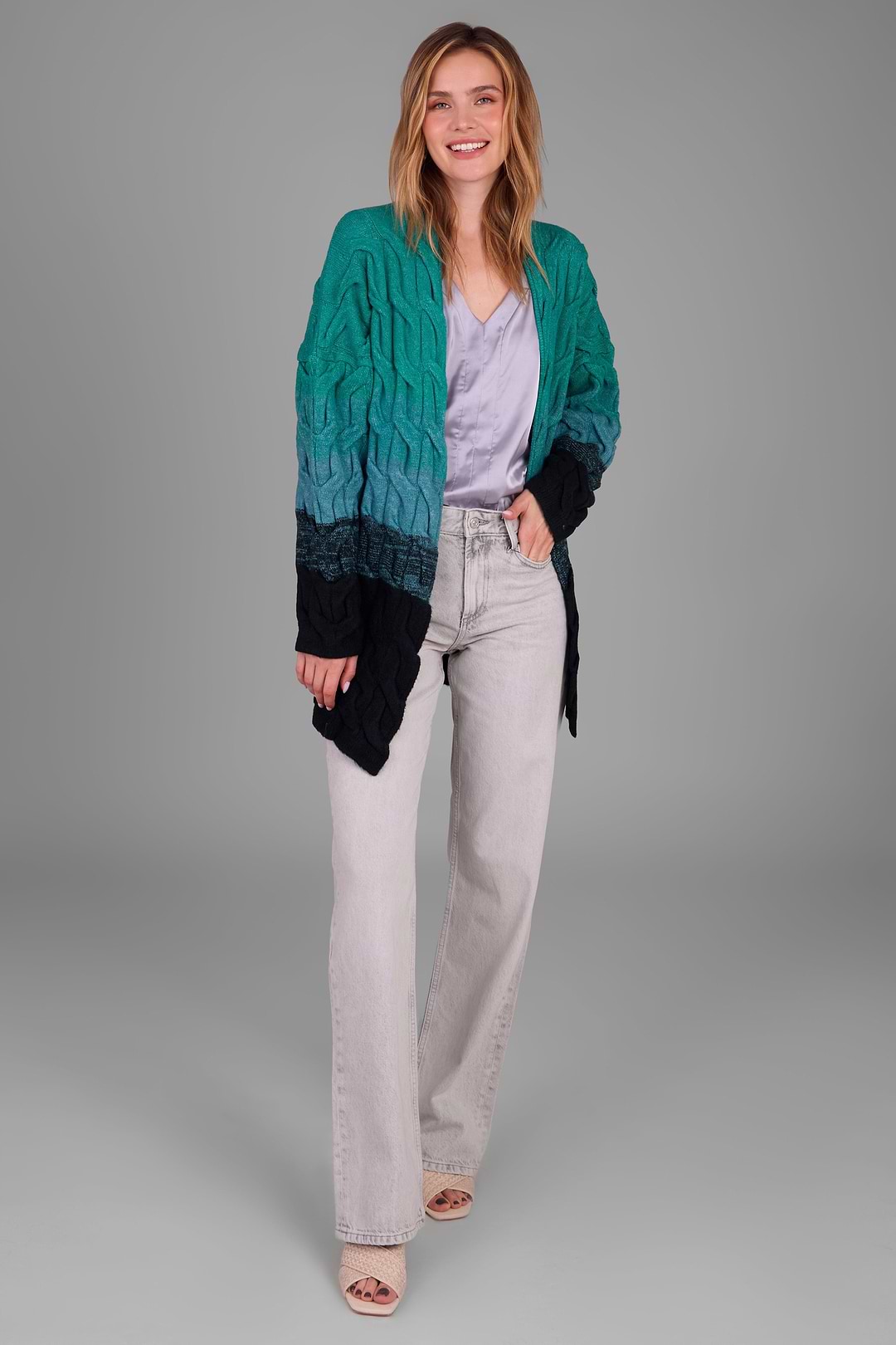 Cable Knit Color Block Cardigan - Medium Turquoise