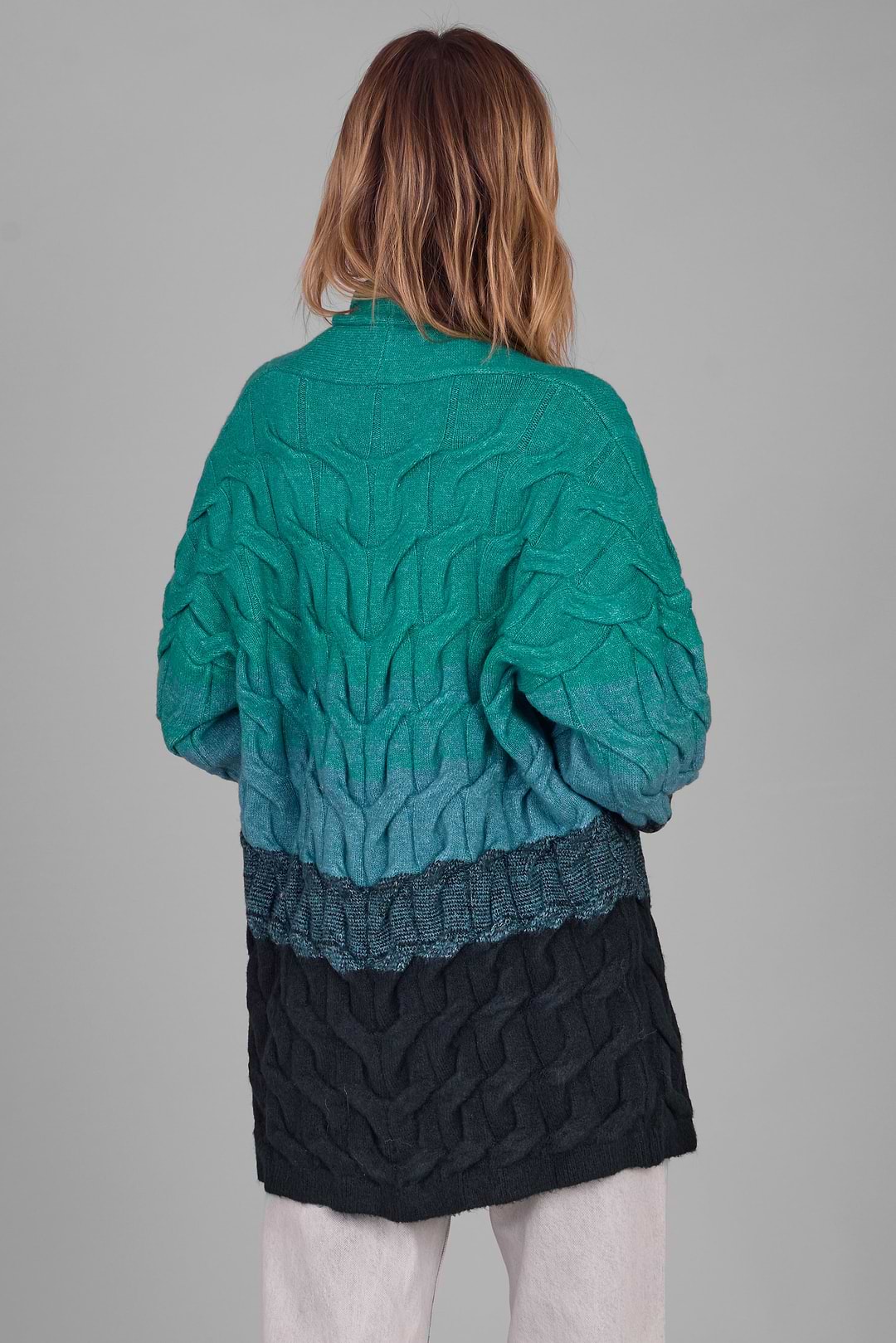 Cable Knit Color Block Cardigan - Medium Turquoise