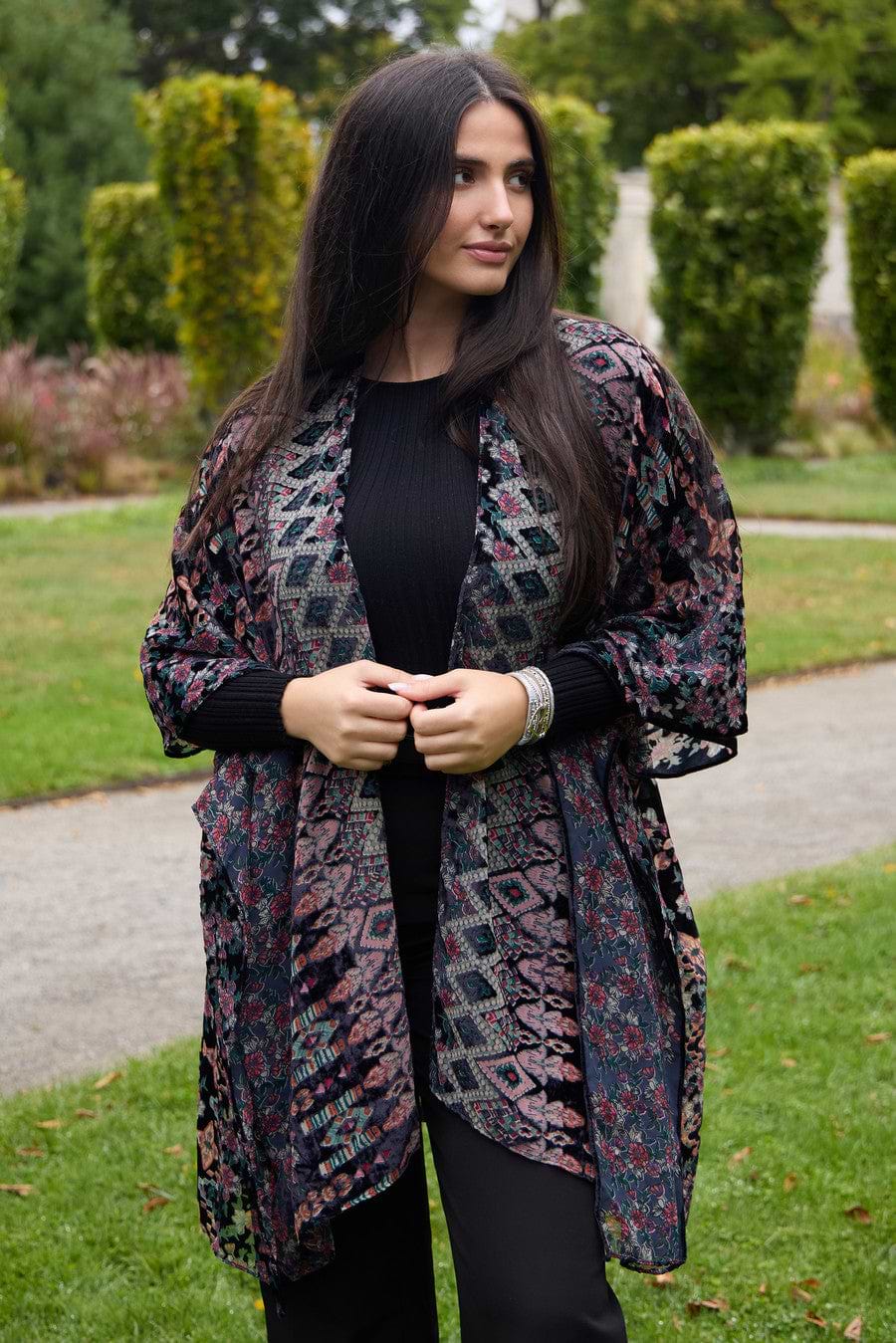 Multicolored Velvet Kimono Black - Black