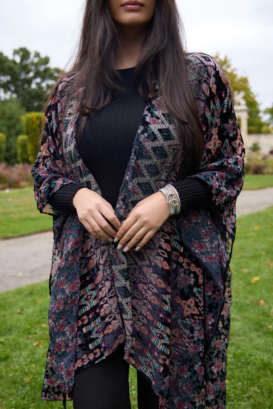 Multicolored Velvet Kimono Black - Black