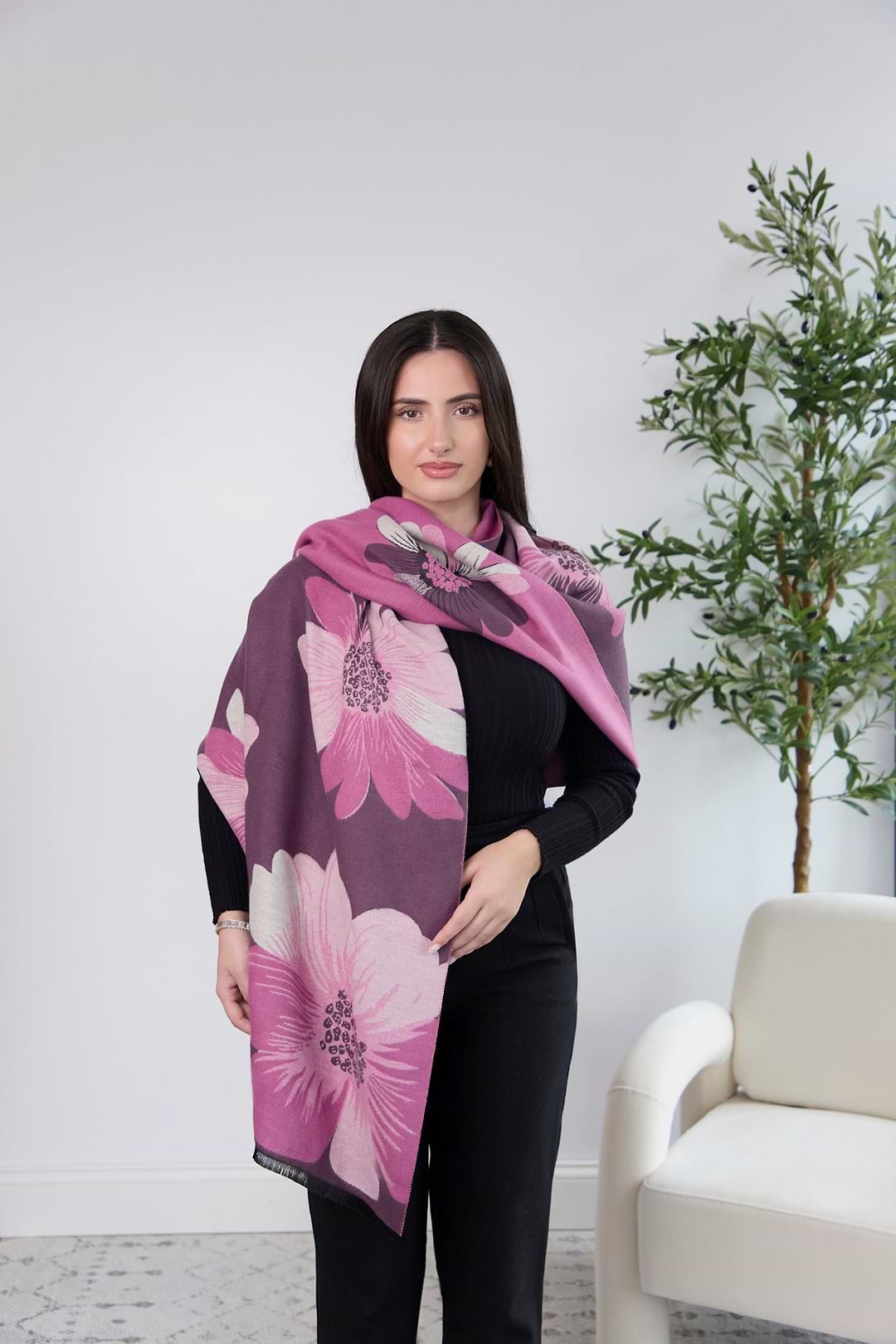 Fresh Floral Reversible Scarf - Plum Pink