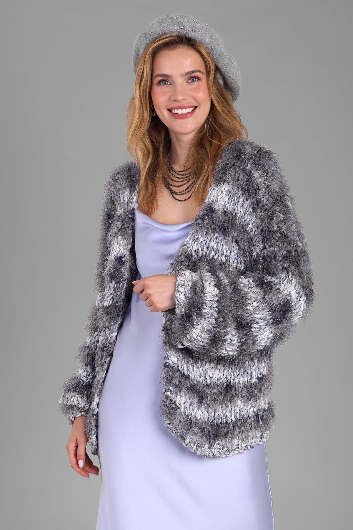 Eyelash Hand Knit Cardigan - Light Slate Blue Gray