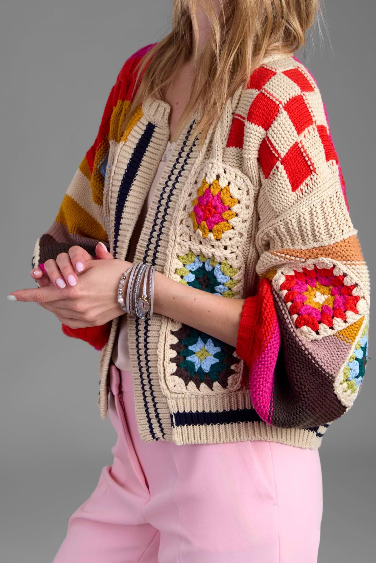 Square Checkered Multi Pattern Cardigan - Multi