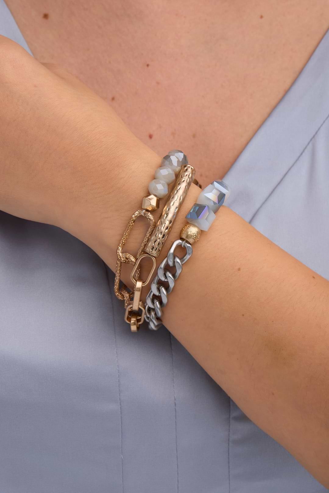 Metallic Beaded Chain Trio Bracelet - Gray