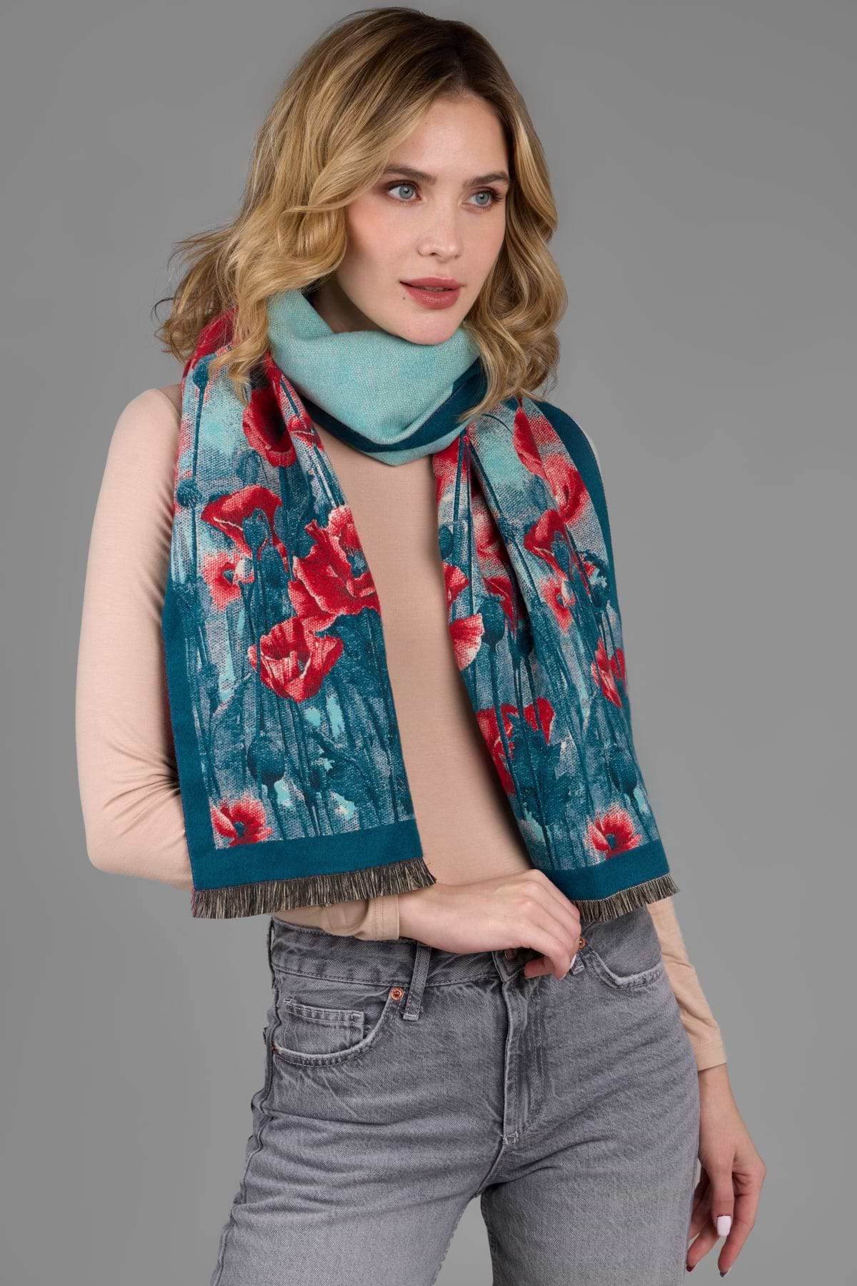 Poppy Bold Reversible Scarf - Turquoise