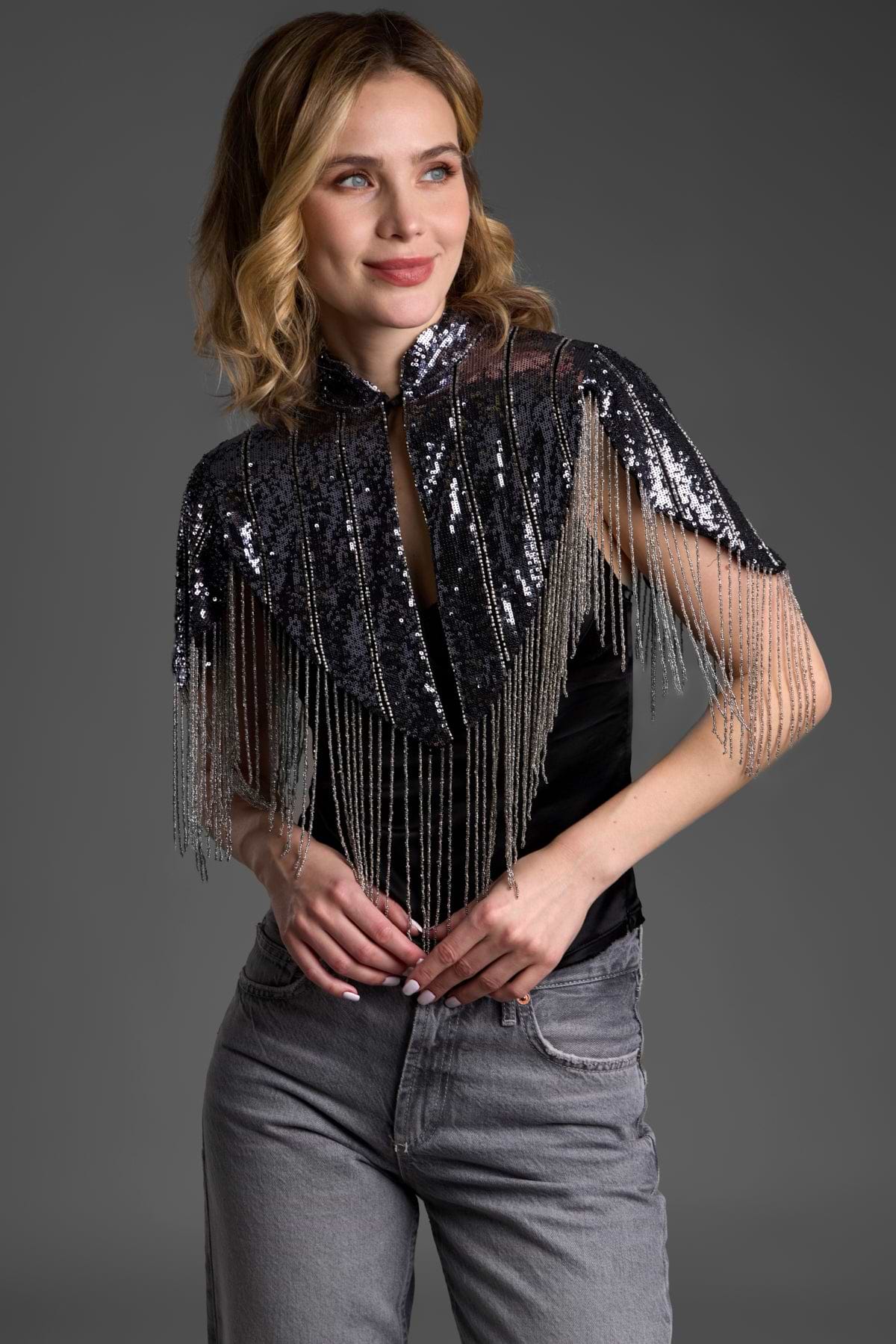 Beaded Fringe Sequin Capelet - Gunmetal