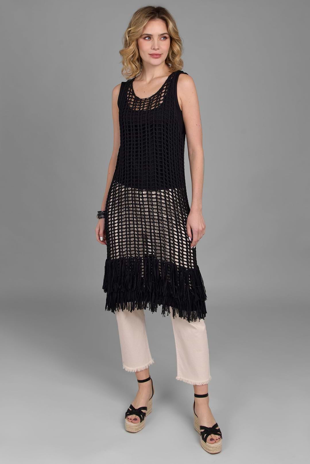 Open Knit Fringe Cover Up Black