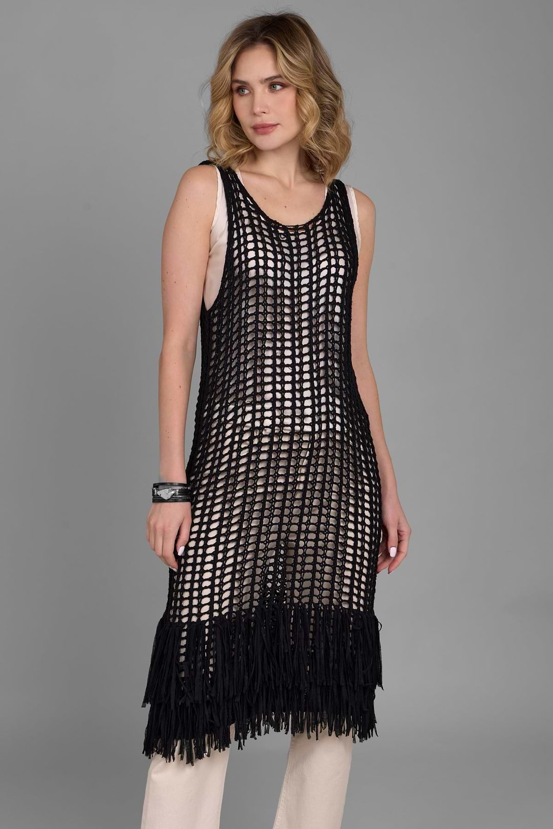 Open Knit Fringe Cover Up Black