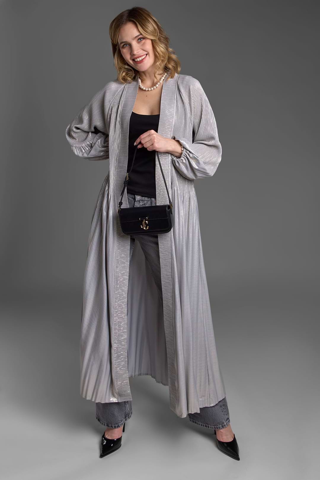 Metallic Pleated Duster - Grey