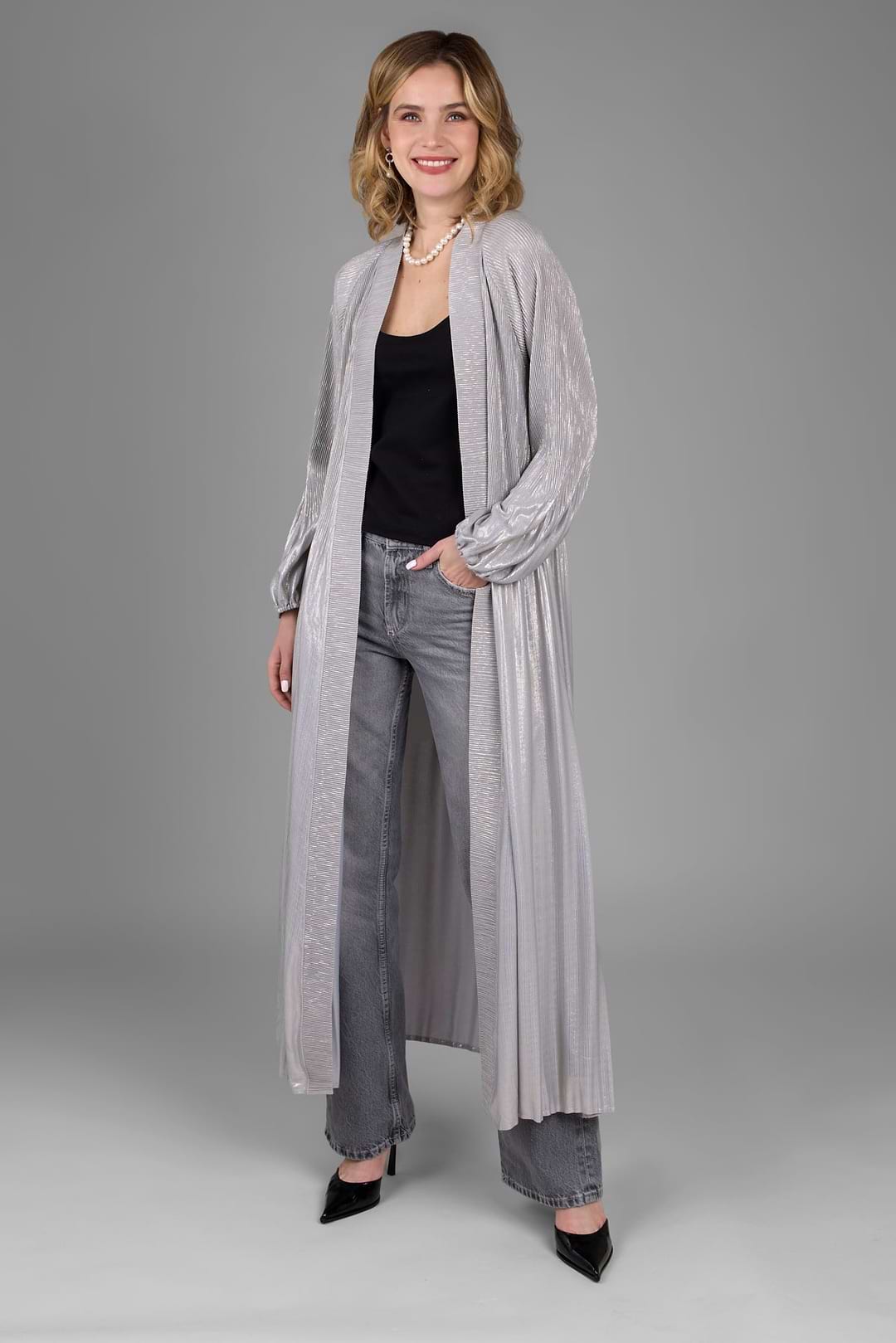 Metallic Pleated Duster - Grey