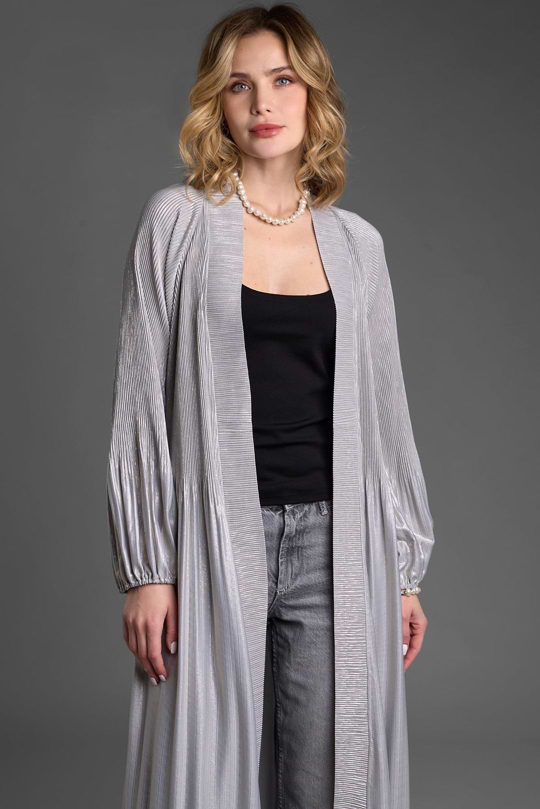 Metallic Pleated Duster - Grey