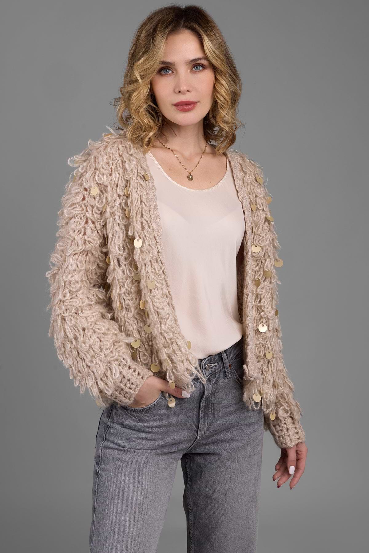Sequined Loop Knit Cardigan - Ivory