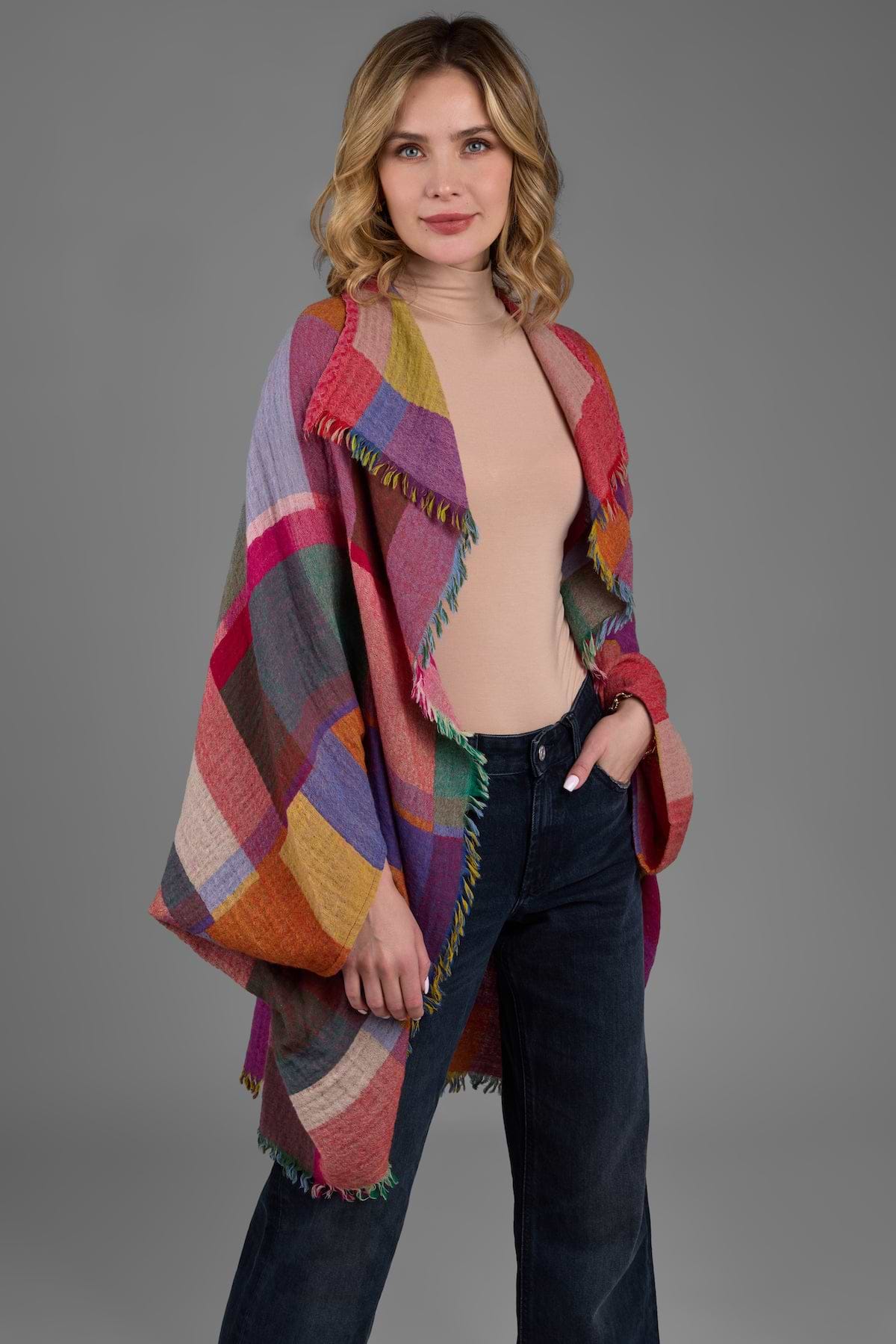 Woolen Rainbow Color Grid Cocoon - Dark Multi