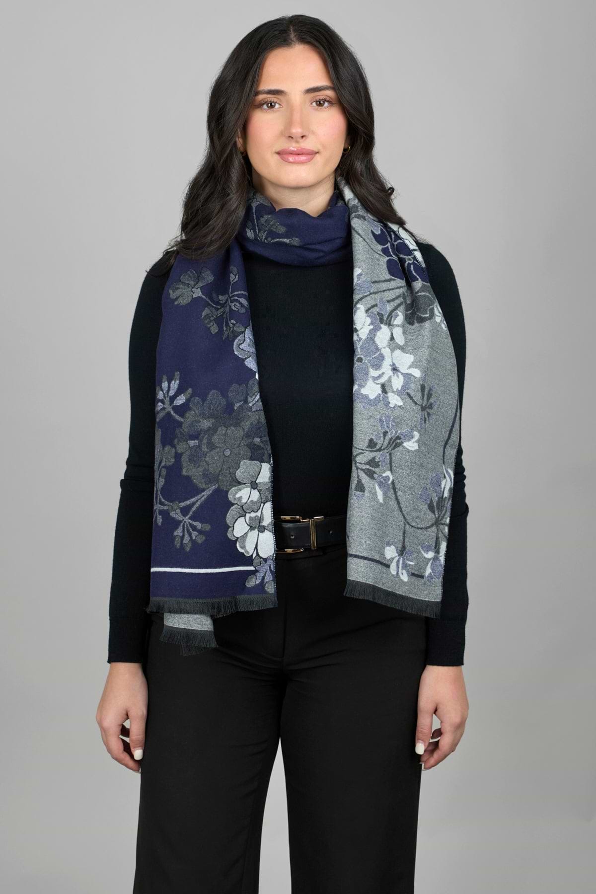 Reversible Floral Scarf For Winter - Navy