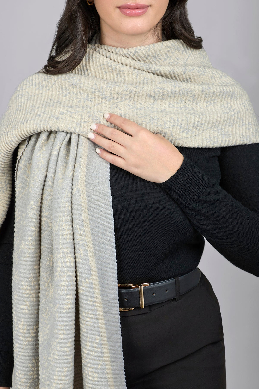 Floral Crinkle Reversible Scarf - Light Gray