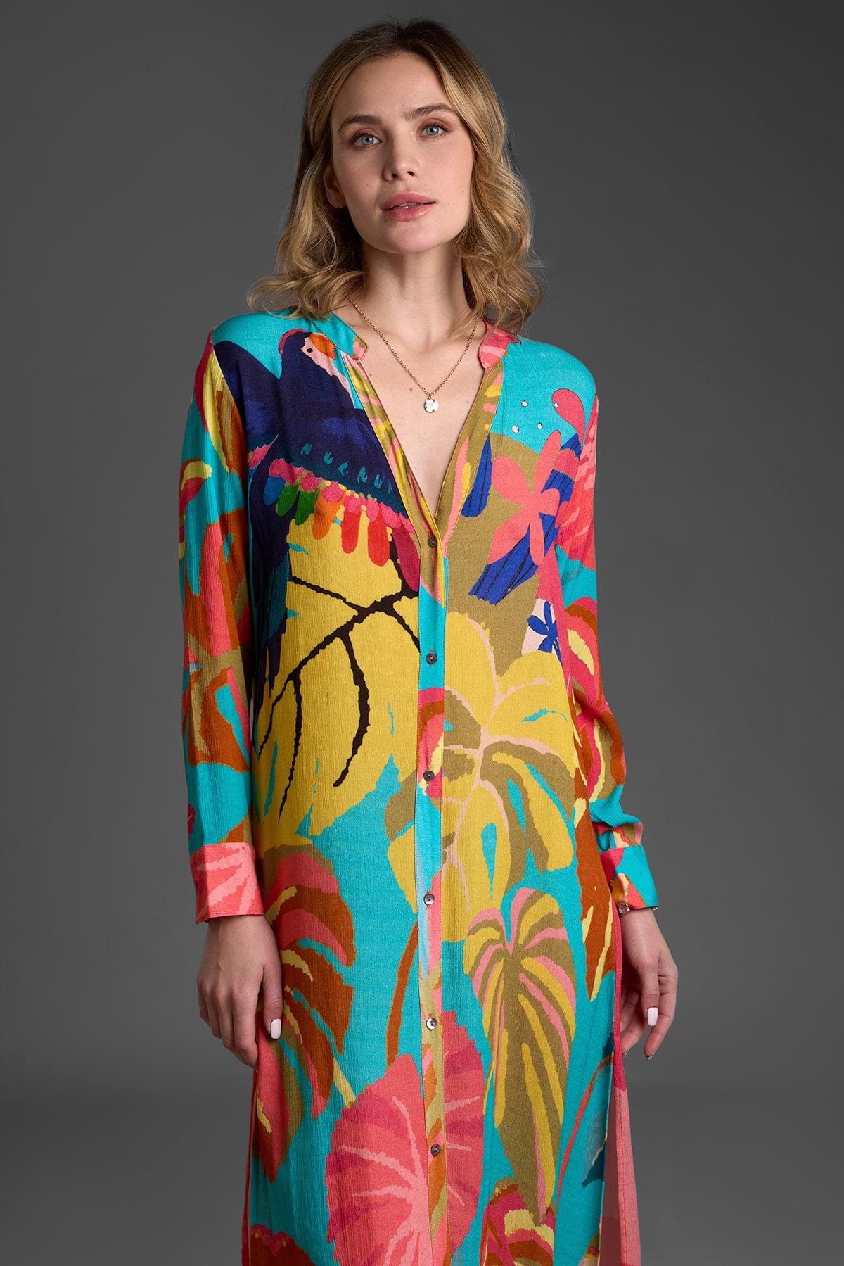 Tropical Button Long Kimono - Multi