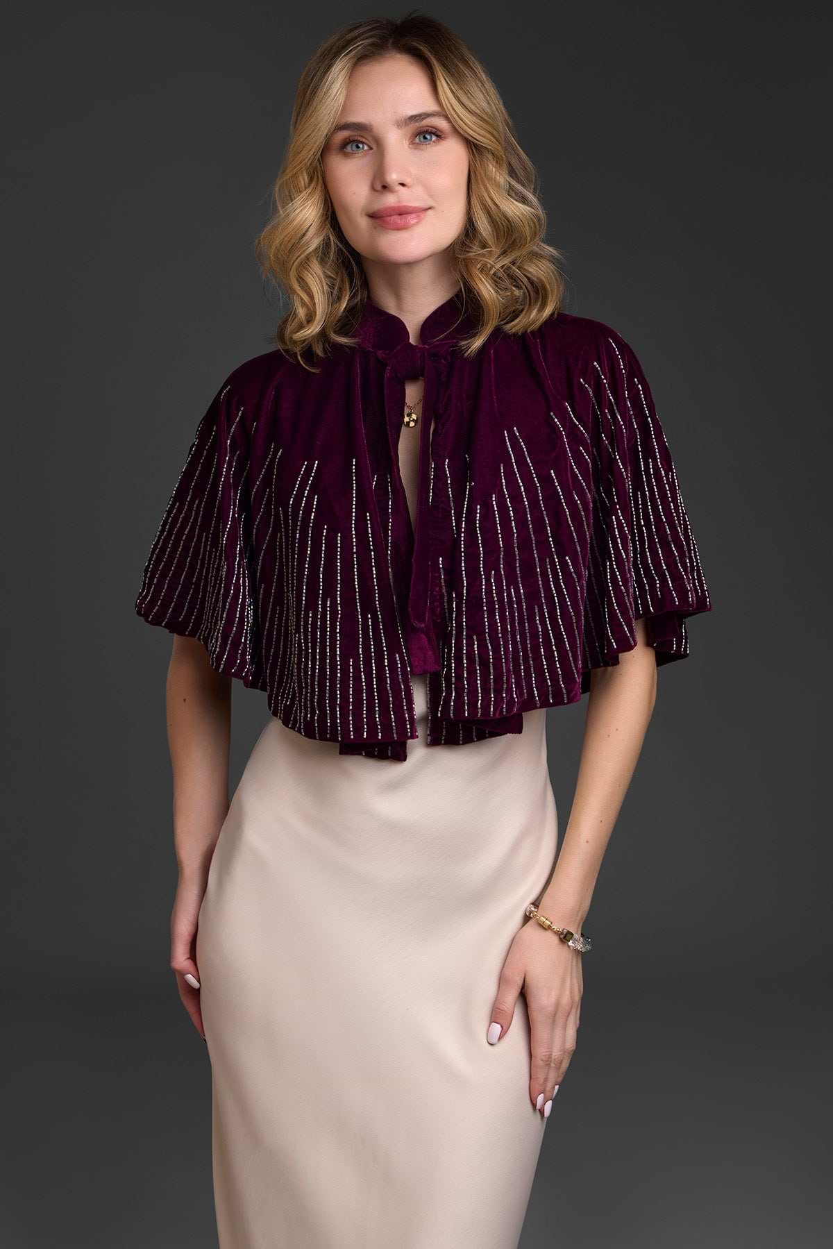 Velvet Crush Embellished Capelet - Plum