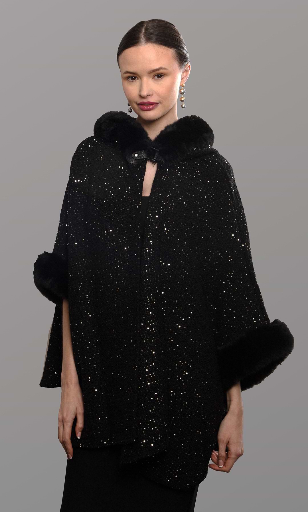Sequin Kimono Faux Fur Hood - Black
