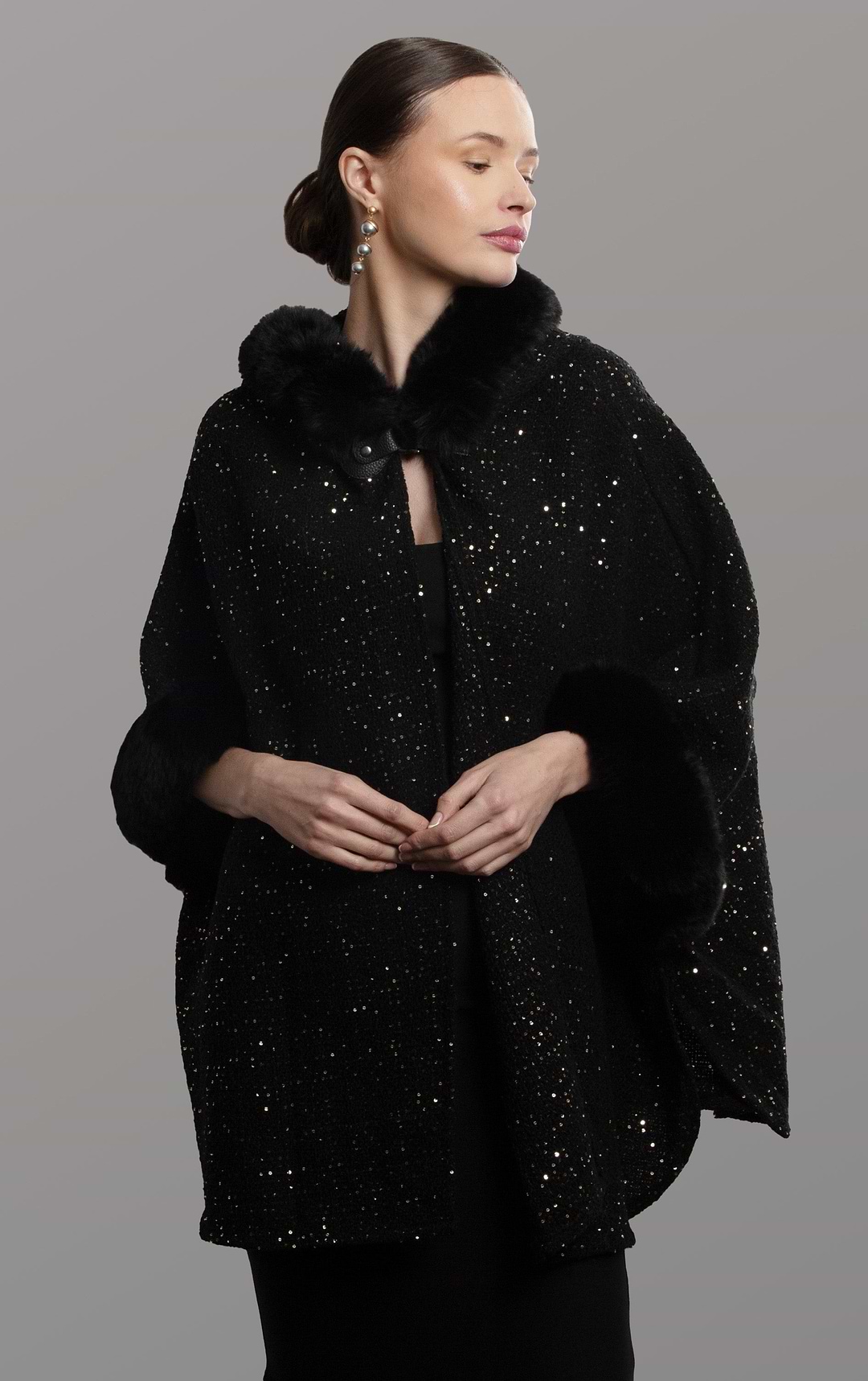 Sequin Kimono Faux Fur Hood - Black
