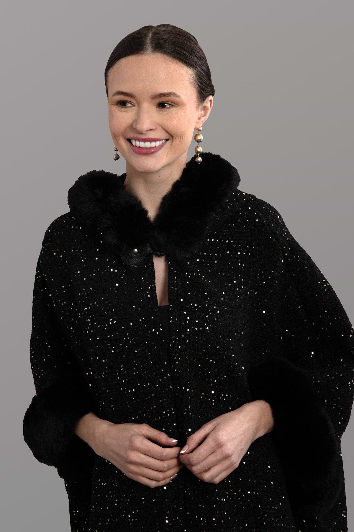 Sequin Kimono Faux Fur Hood - Black