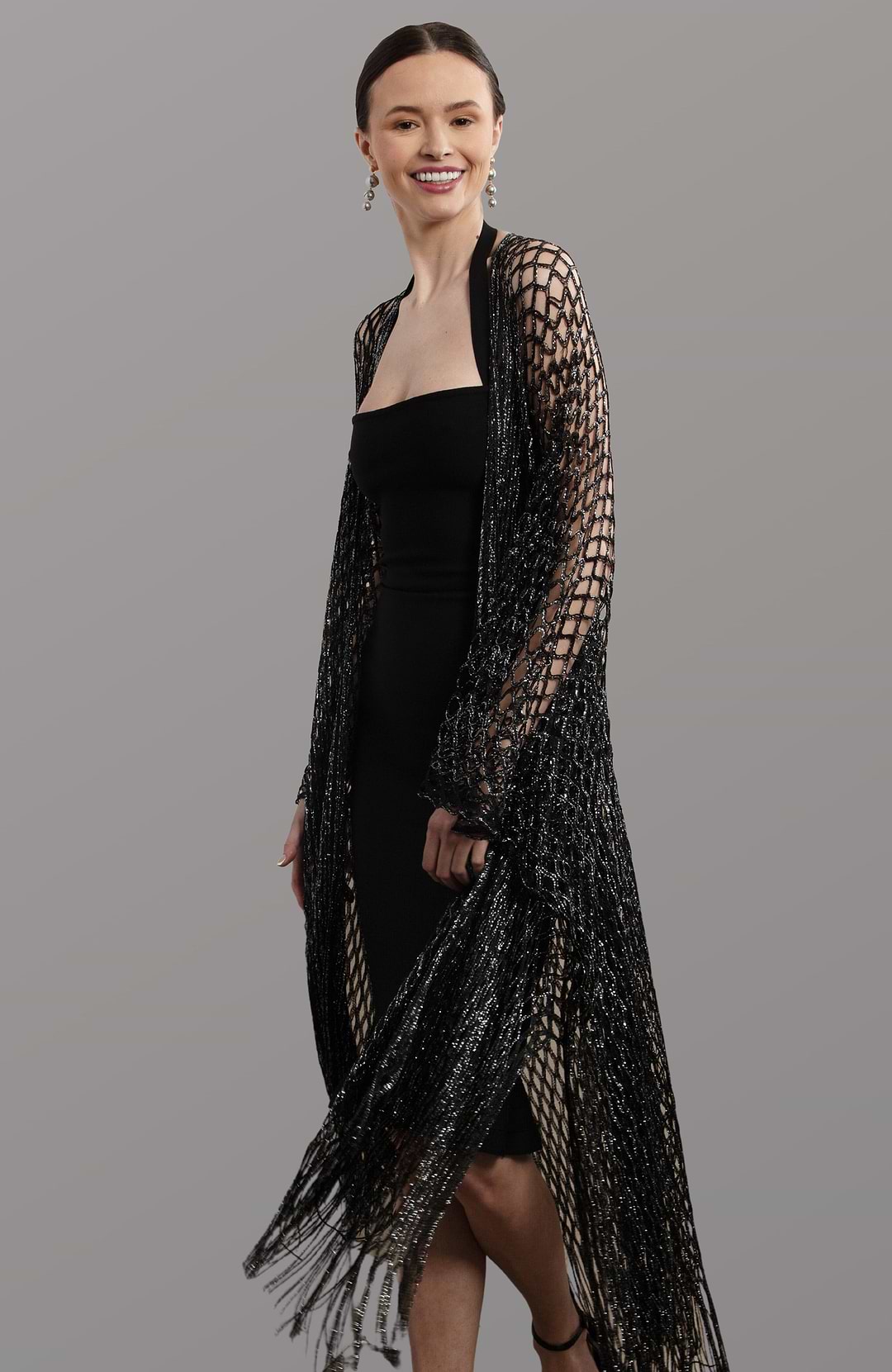 Metallic Fringe Kimono - Black