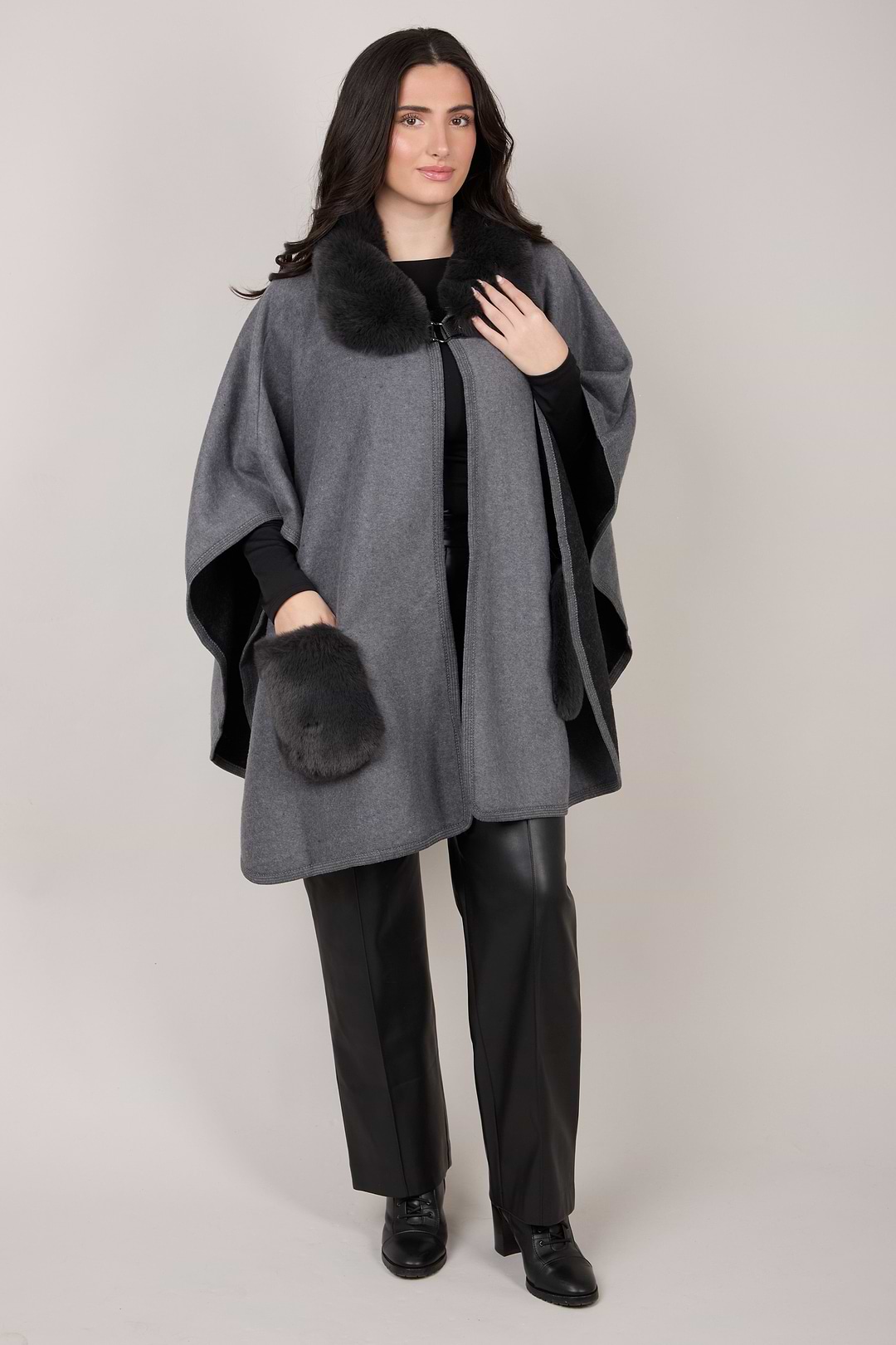 Faux Fur Pocket Kimono - Dark Gray