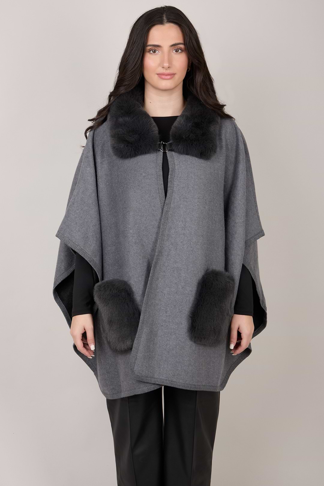 Faux Fur Pocket Kimono - Dark Gray
