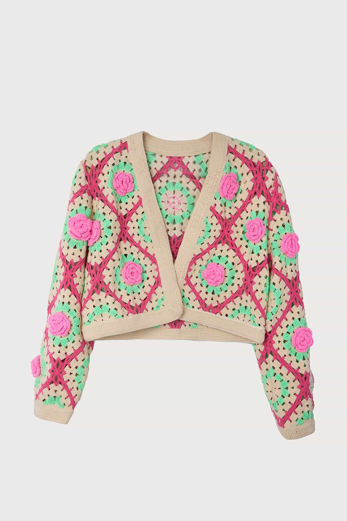 Rosette Crochet Cardigan - Pink