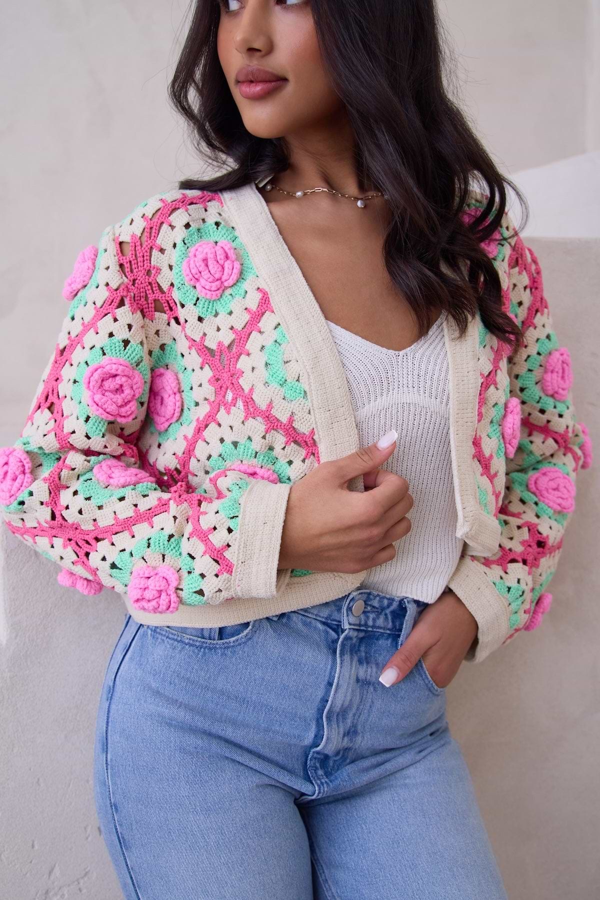 Rosette Crochet Cardigan - Pink