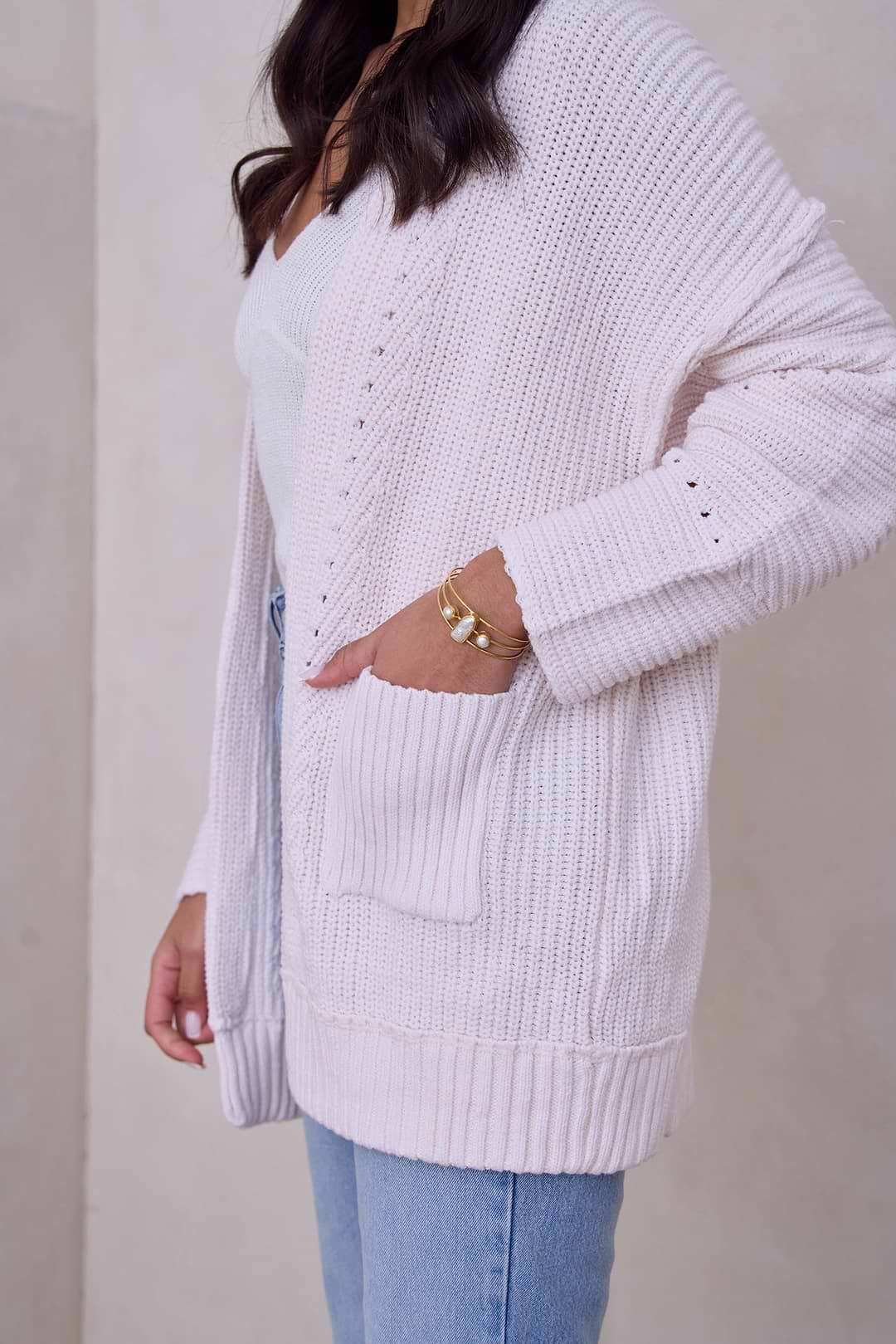Ribbed Knit Open Cardigan Sweater - Ivory