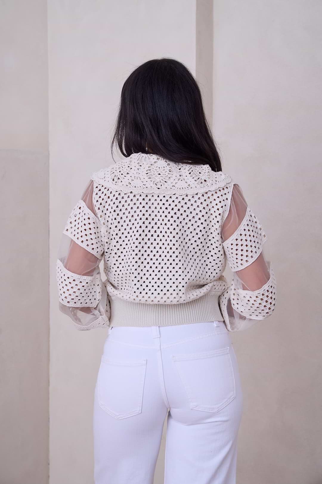 Hand Crochet Sheer Button Cardigan - Ivory