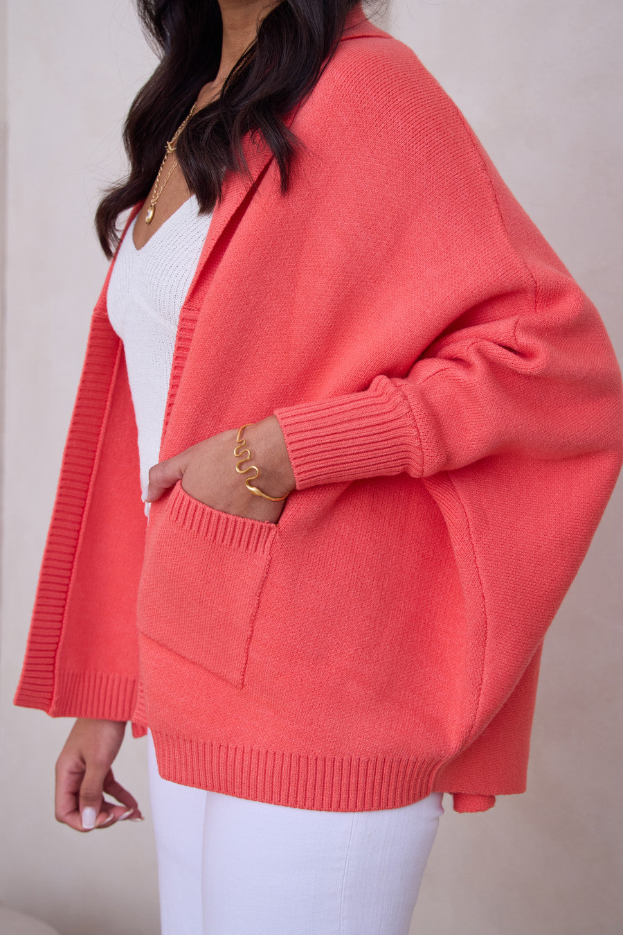 Open Front Oversized Cardigan Sweater - Coral
