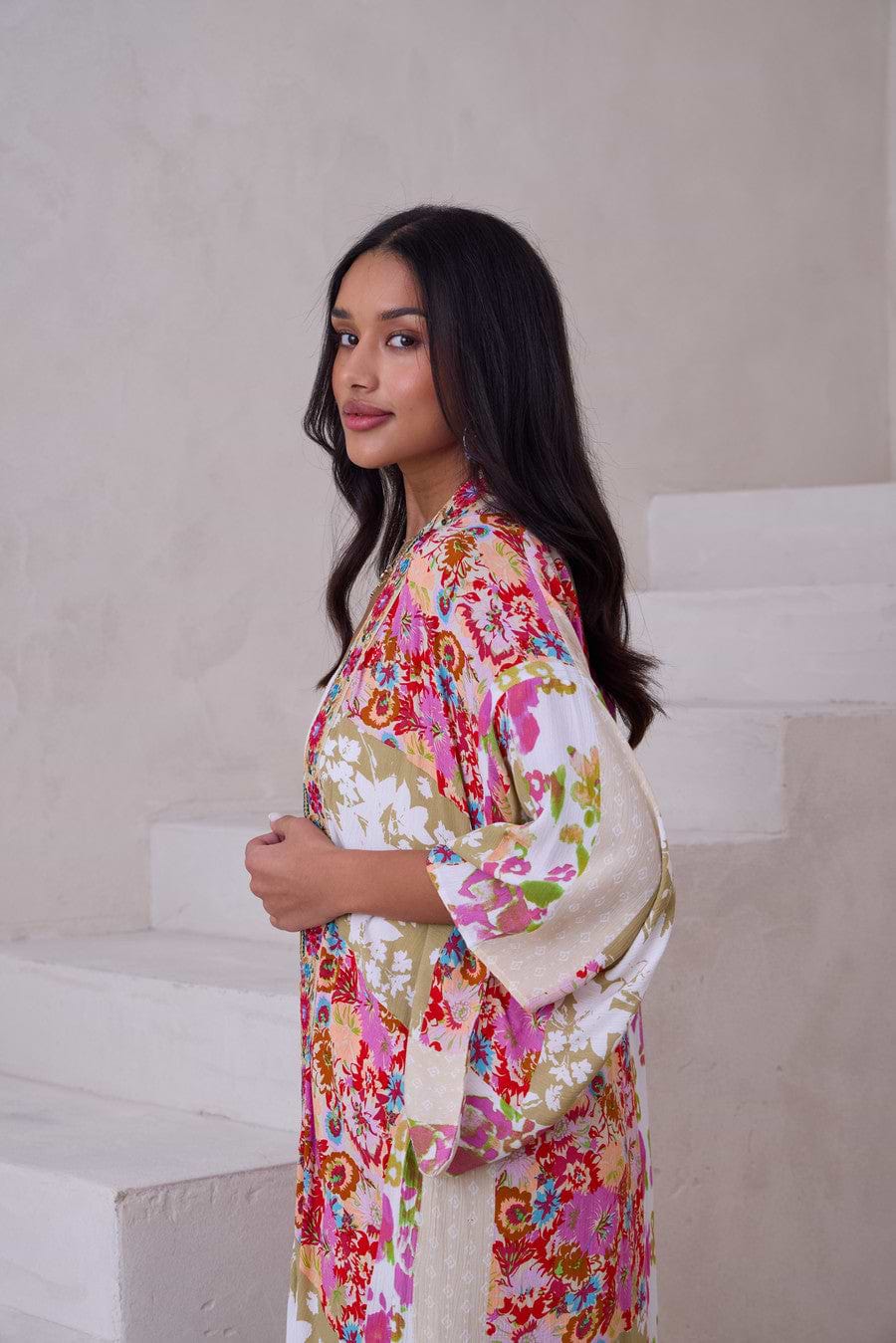 Lace Embroidered Floral Kimono - Pink