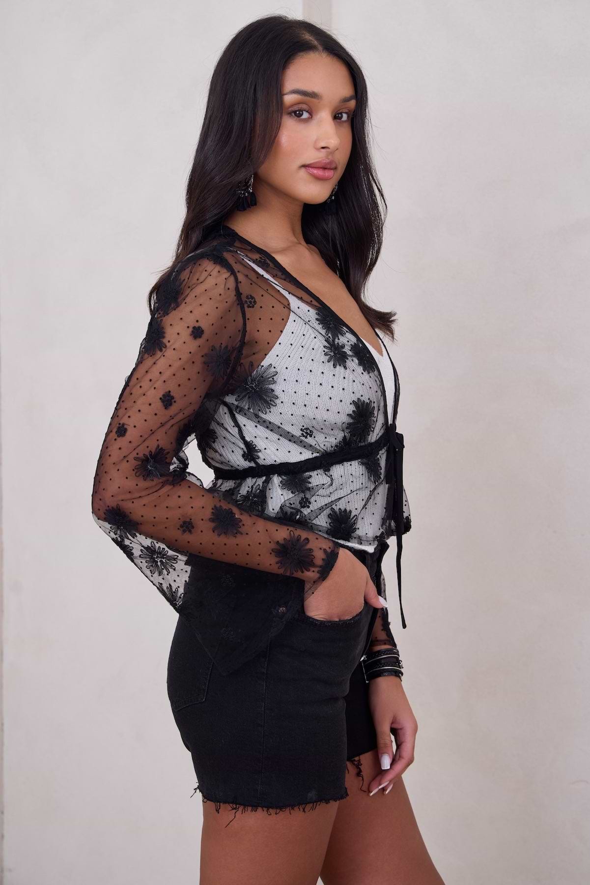 Floral Mesh Tie Top - Black