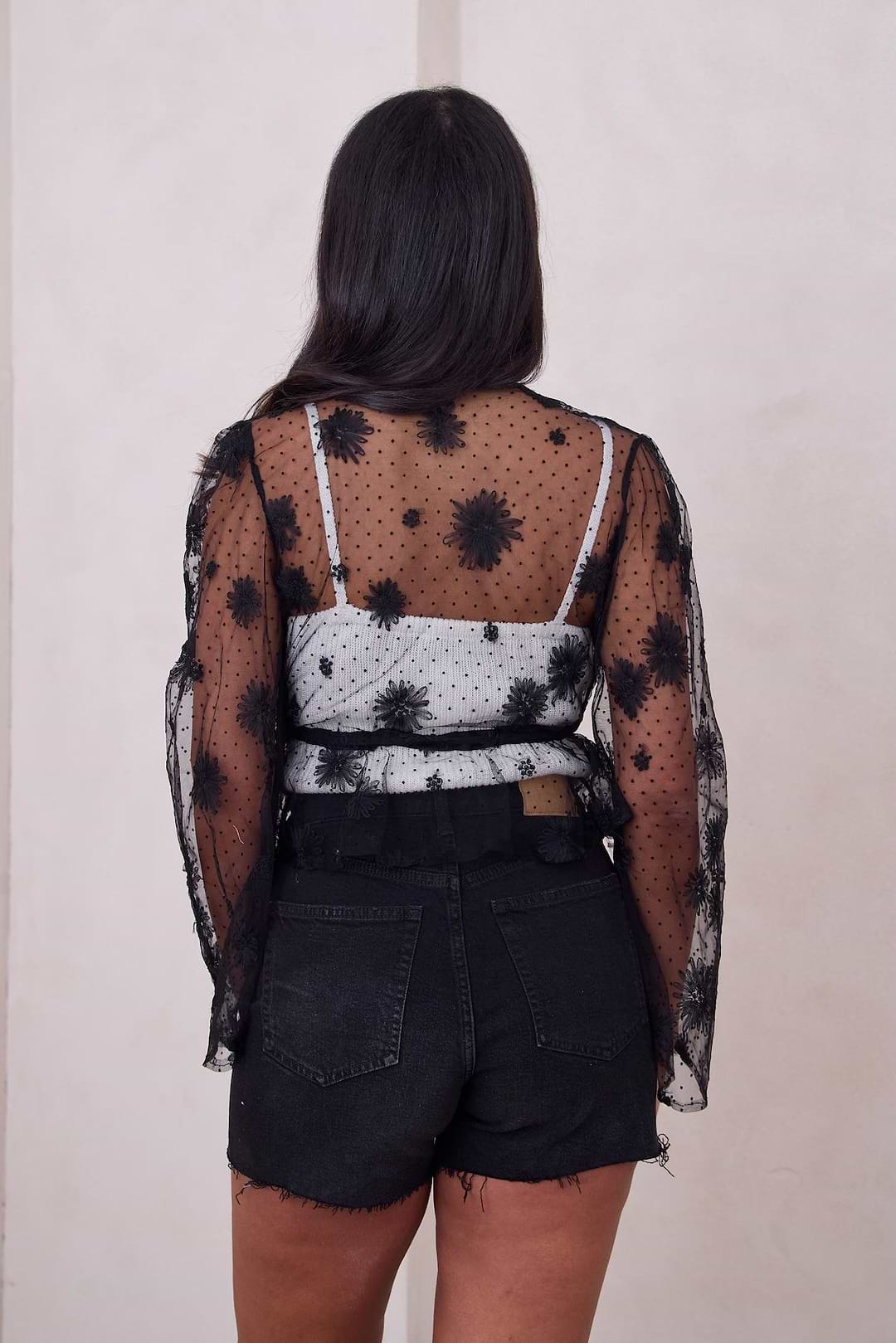Floral Mesh Tie Top - Black