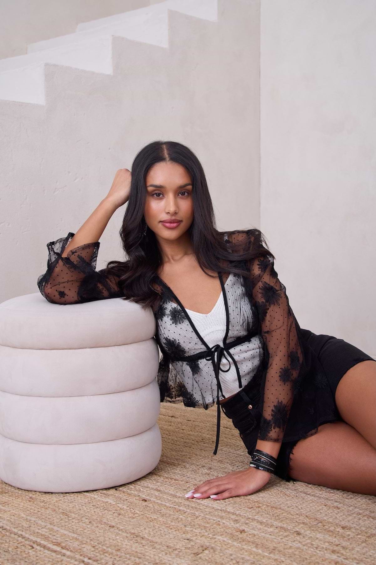 Floral Mesh Tie Top - Black