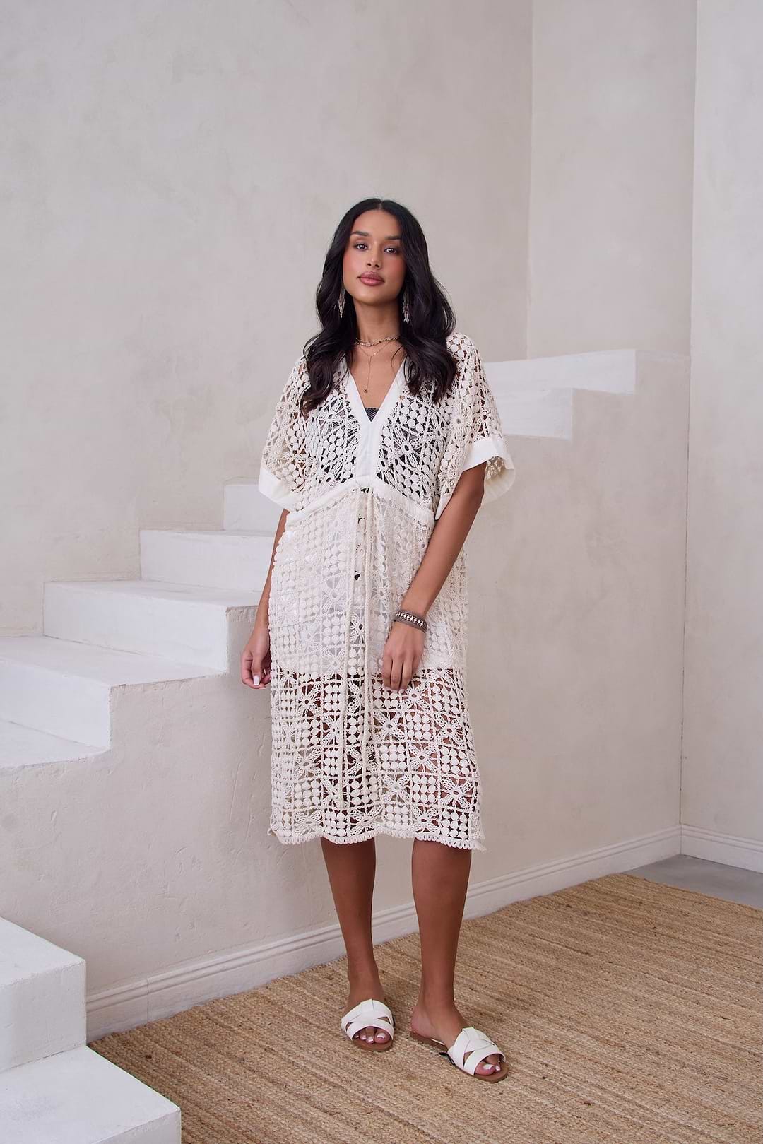 V-Neck Tie-Front Crochet Cover Up - Ivory