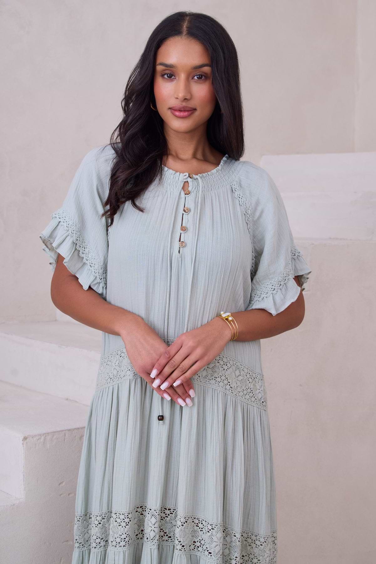 Cotton Long Kaftan Dress - Sage