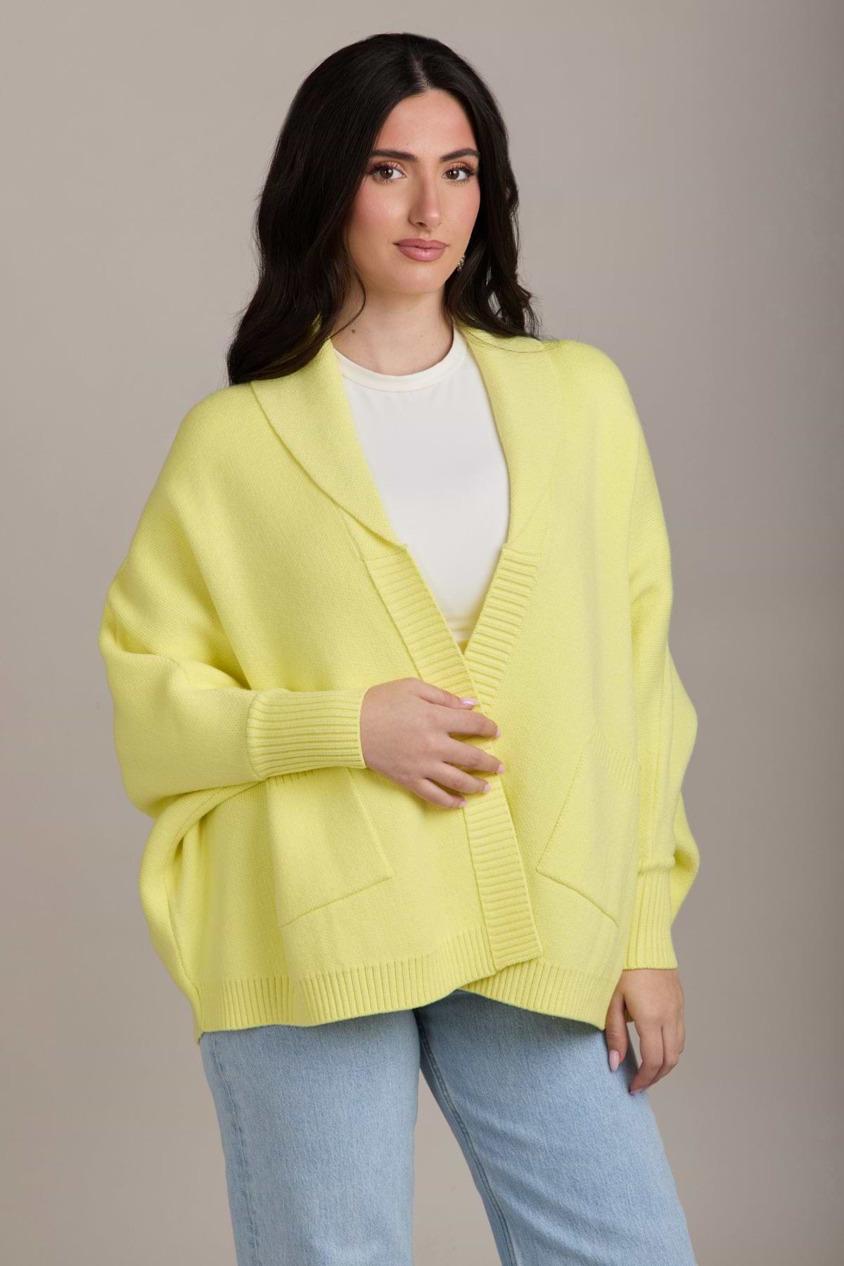 Open Front Oversized Cardigan Sweater - Light Yellow
