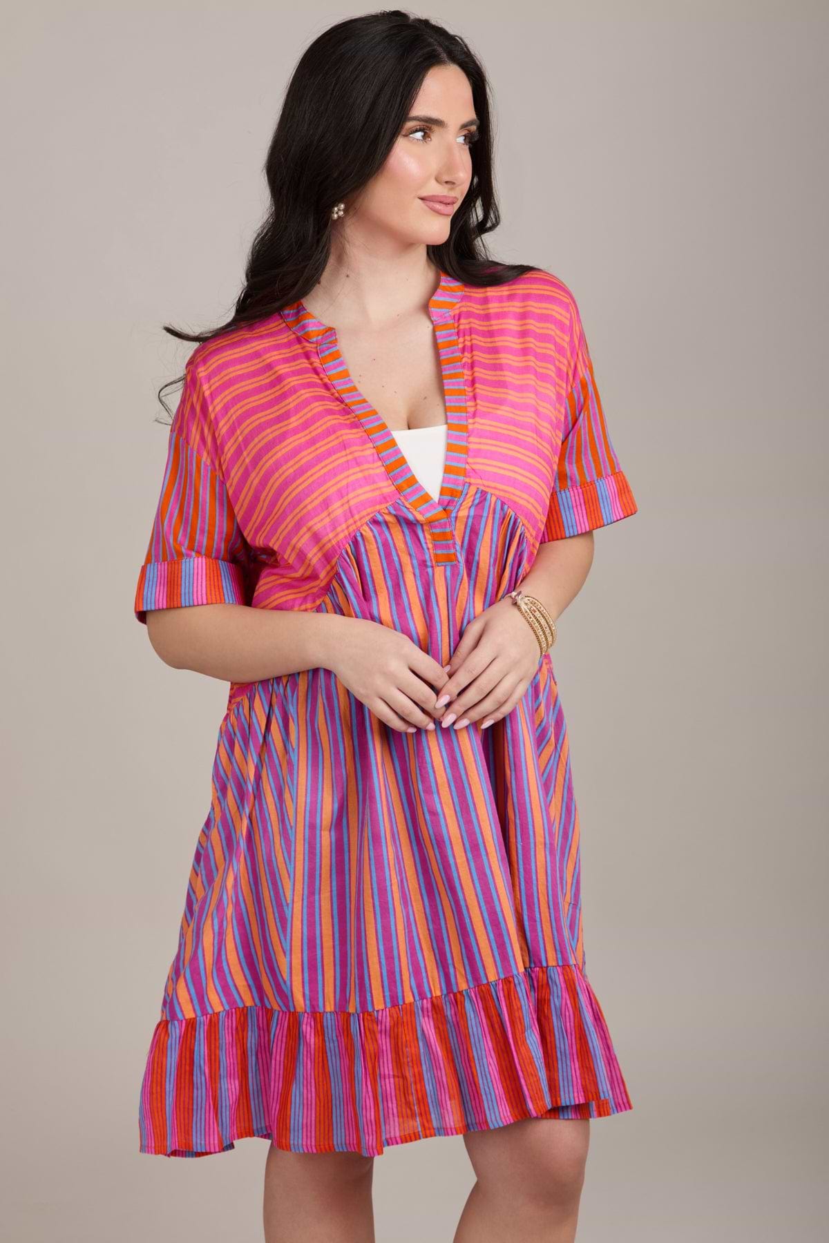 Bold Striped Cover Up Dress - Pink Multi